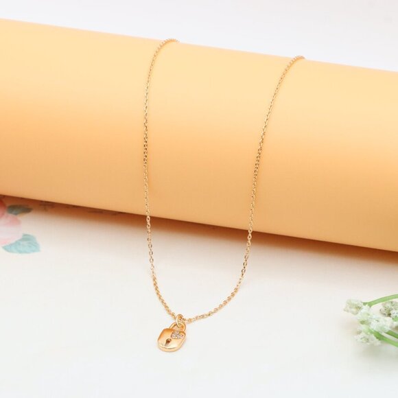 Rose Gold Plated Lock Pendant Necklace with Crystal Detail, XPNL0312 - Picture 2 of 13